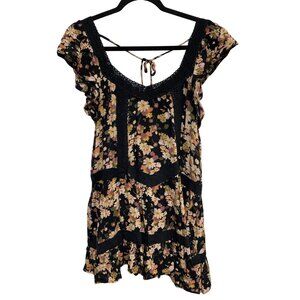 Angie Tunic Dress Size Medium Floral Lace Tie Back Black Multi Boho Whimsigoth